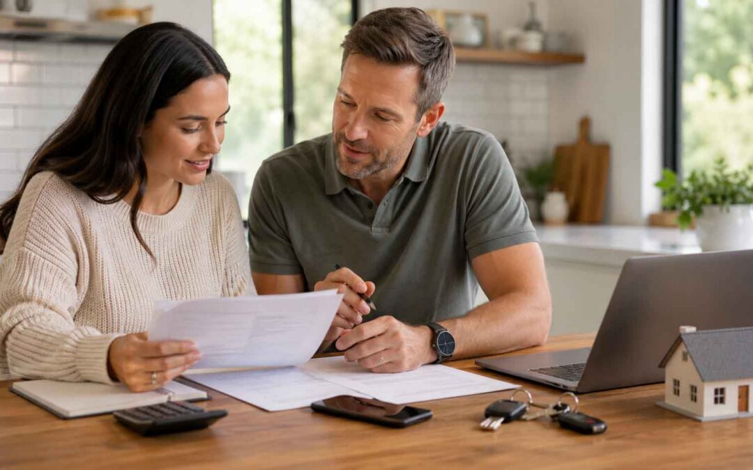 A couple reviews paperwork together at their kitchen table, surrounded by a warm and inviting home environment.